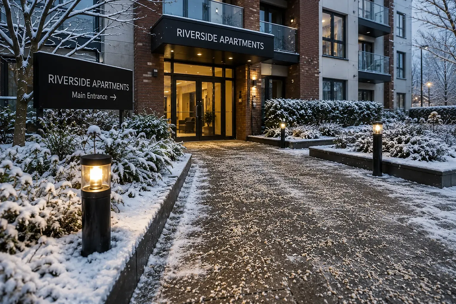Modern Newark apartment building entrance in winter with grit applied to icy communal pathways
