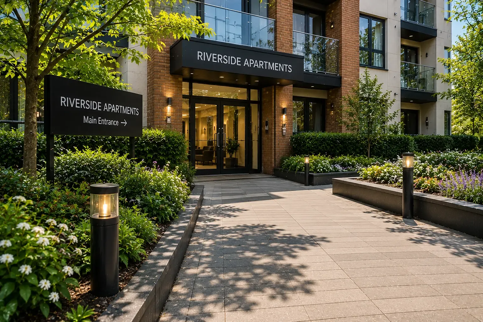 Modern Newark apartment building entrance during summer with clean communal walkways and landscaped shared areas