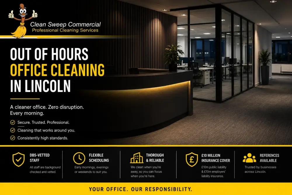 Modern Lincoln office prepared for out of hours office cleaning with Clean Sweep Commercial branding
