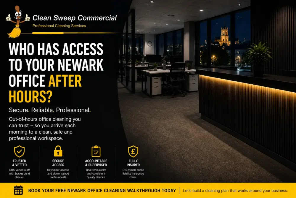 Modern Newark office prepared for secure out of hours office cleaning with Clean Sweep Commercial branding