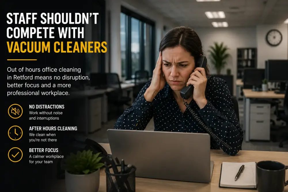 Frustrated office worker in Retford struggling with workplace disruption during daytime cleaning