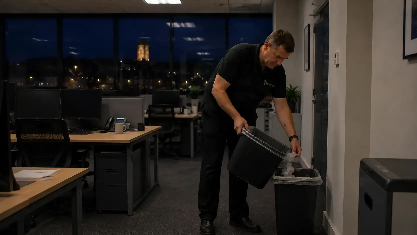 Office cleaner emptying a waste bin in a Retford office