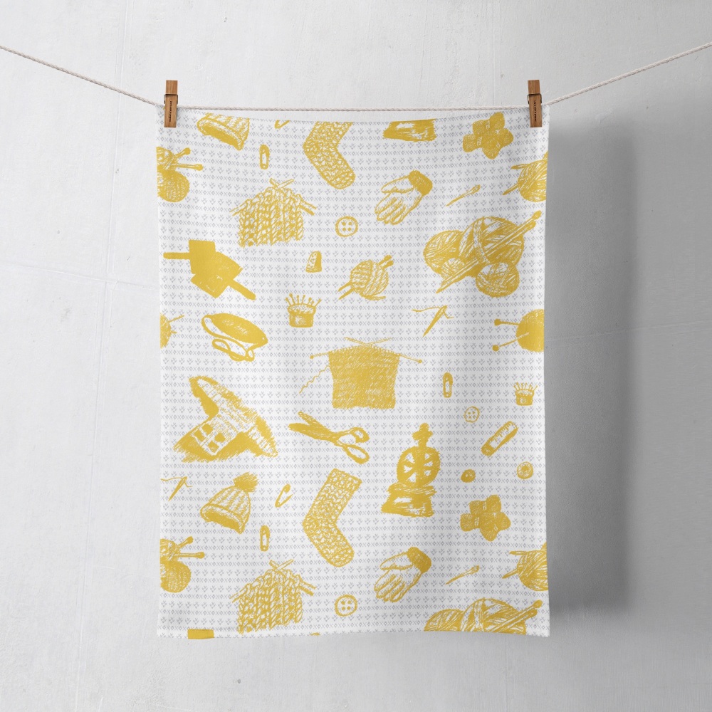 Shetland tea towel - Tak Dee Sock knitting design in yellow