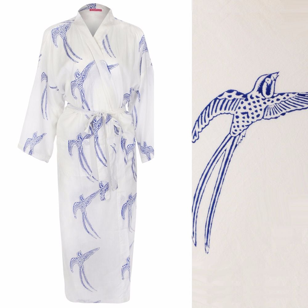 Women's Kimono Dressing Gown - Long Tailed Bird Blue on White ("outlet" gown with minor imperfections)