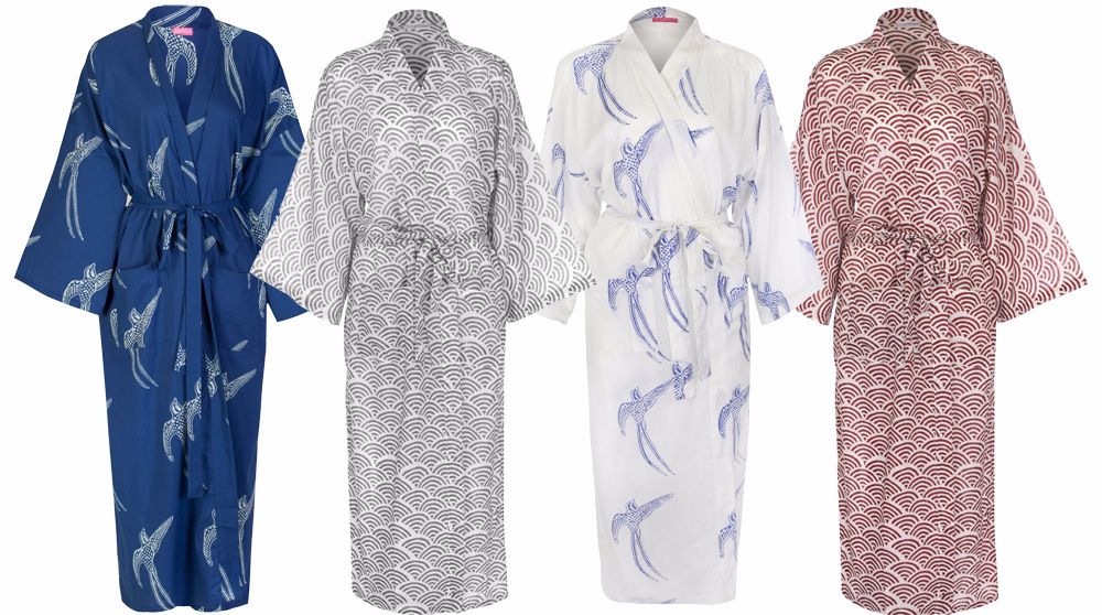 Hand printed cotton dressing gown kimonos bath robes for women