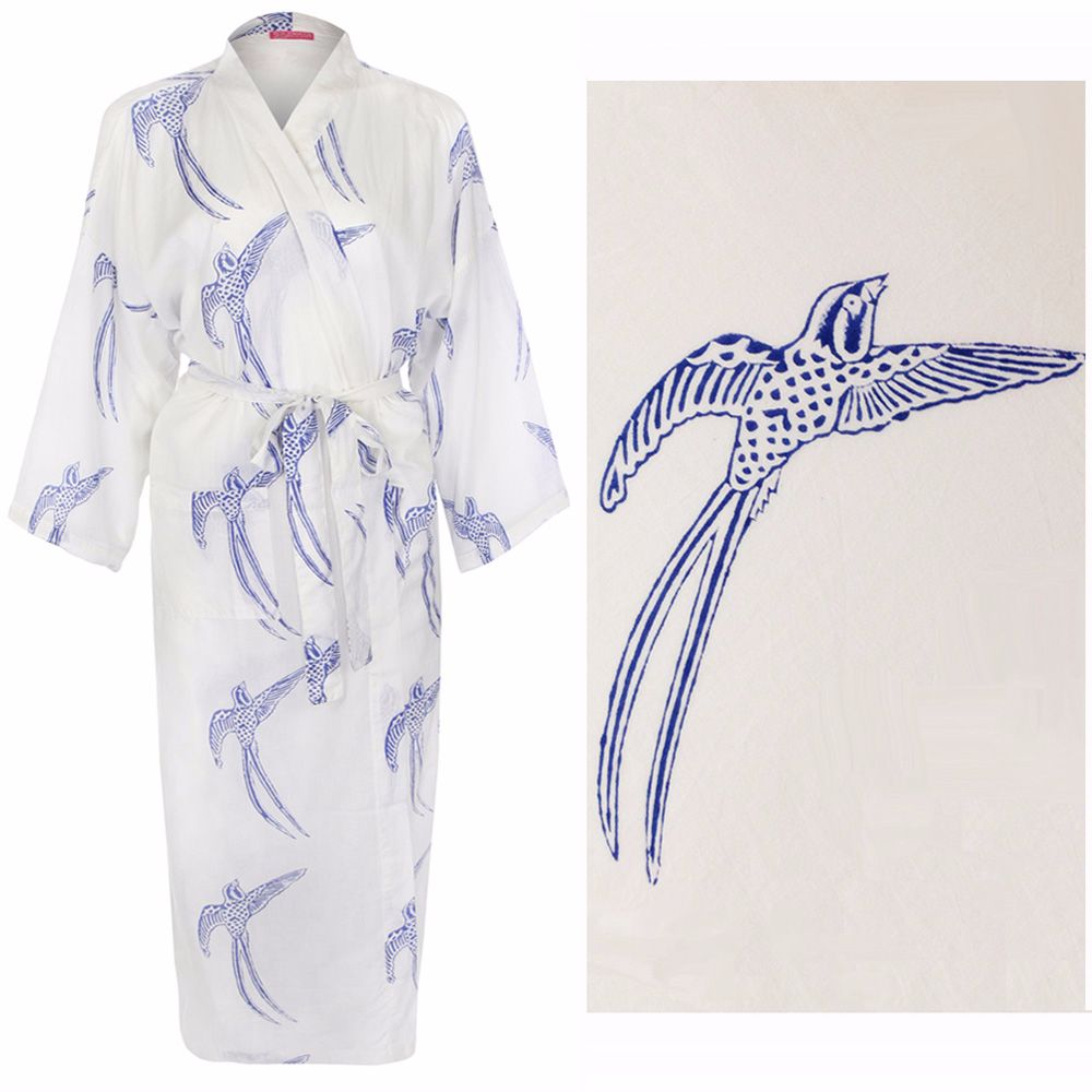 Women's Cotton Dressing Gown Kimono - Long Tailed Bird Blue on White