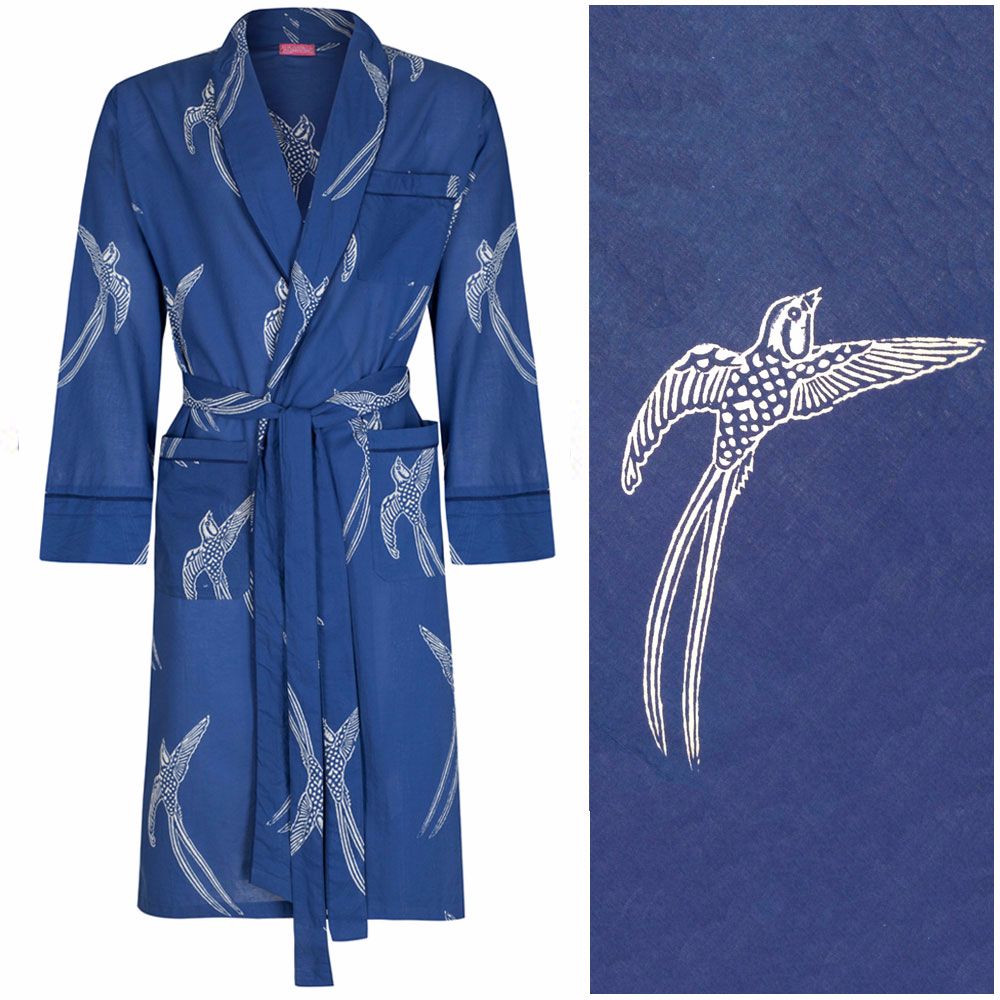 Men's Cotton Dressing Gown Kimono - Long Tailed Bird White on Dark Blue ("outlet" gown with minor imperfections)