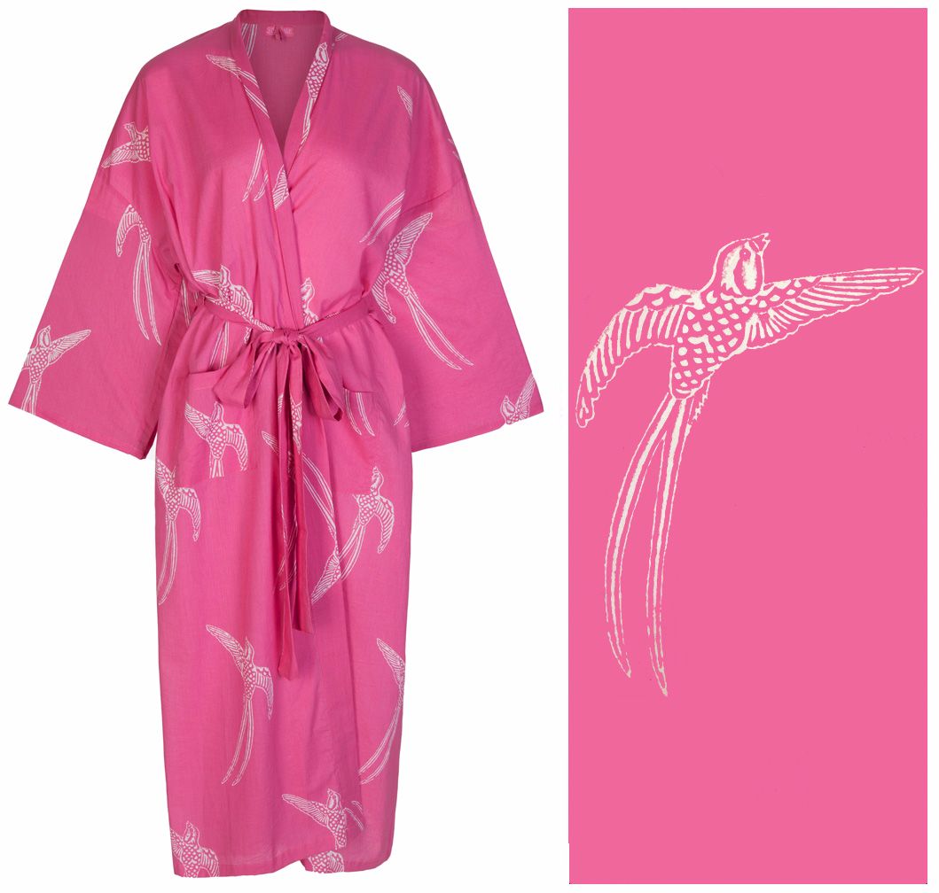 Women's Cotton Dressing Gown Kimono - Long Tailed Bird White on Pink ("outlet" gown with minor imperfections)