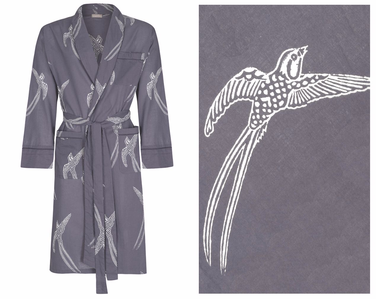 NEW! Men's Cotton Dressing Gown Robe - Long Tailed Bird White on Grey