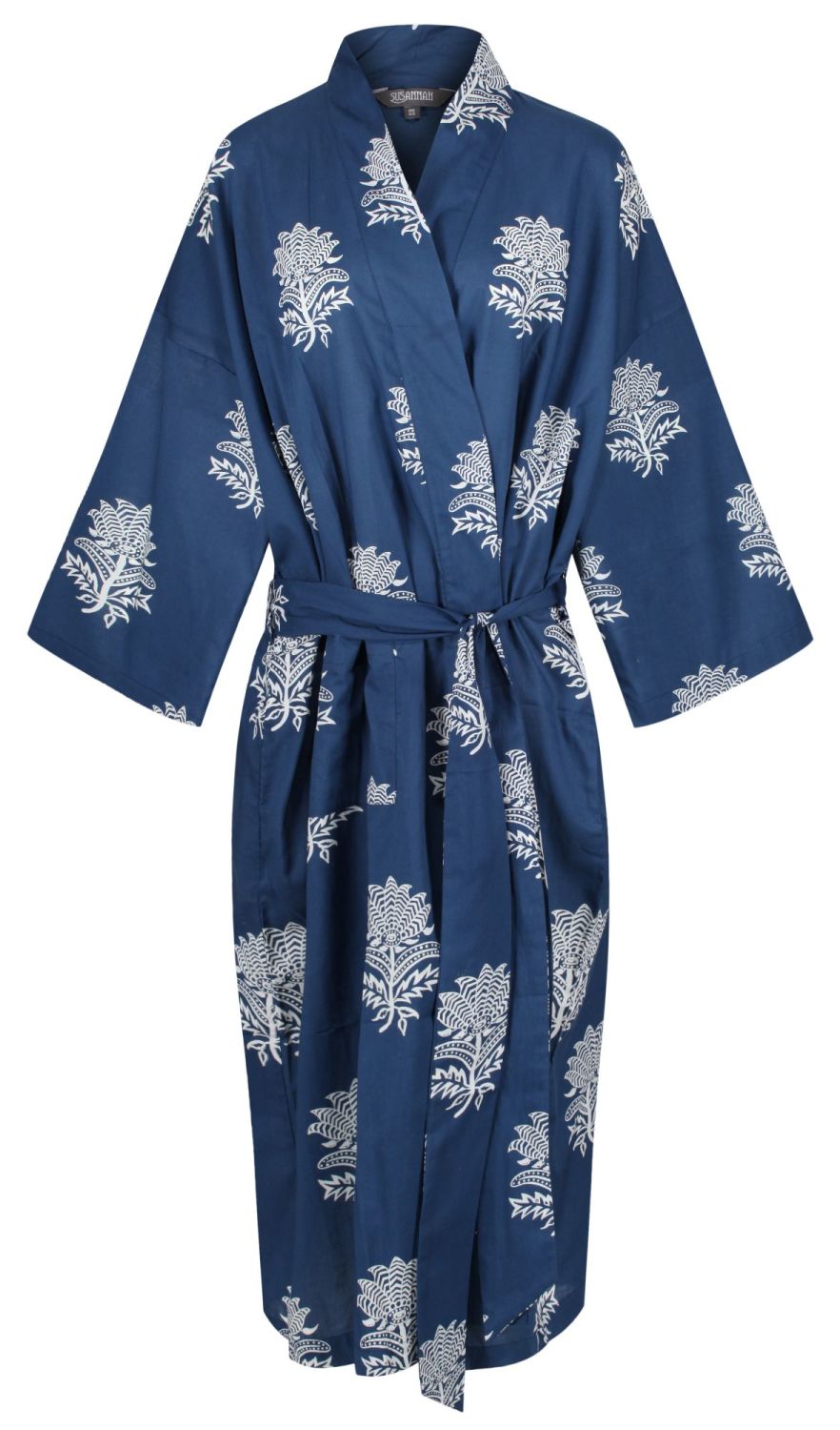 Kimono Dressing Gown - Tiger Flower White on Dark Blue - outlet