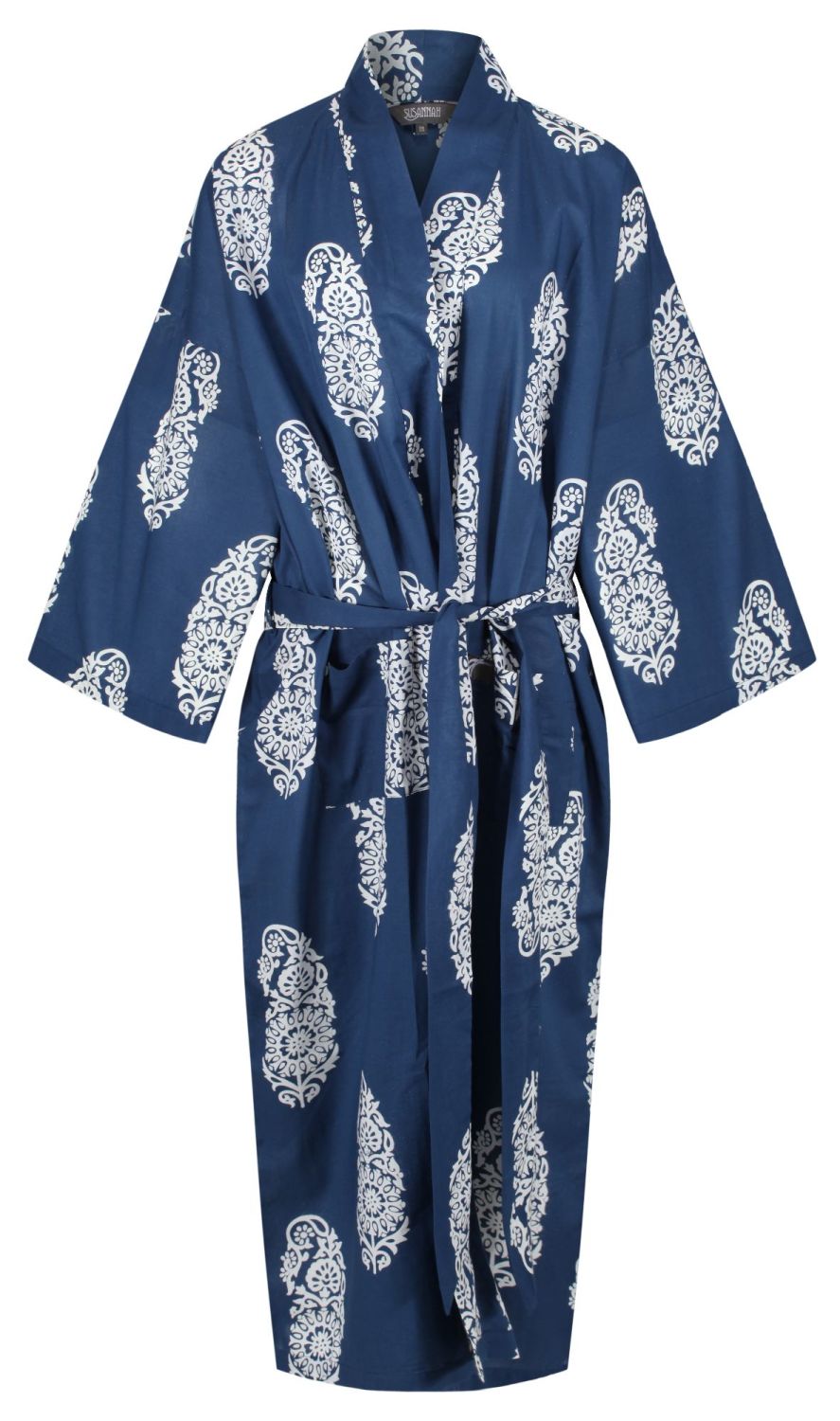 Kimono Dressing Gown - Paisley White on Dark Blue - outlet