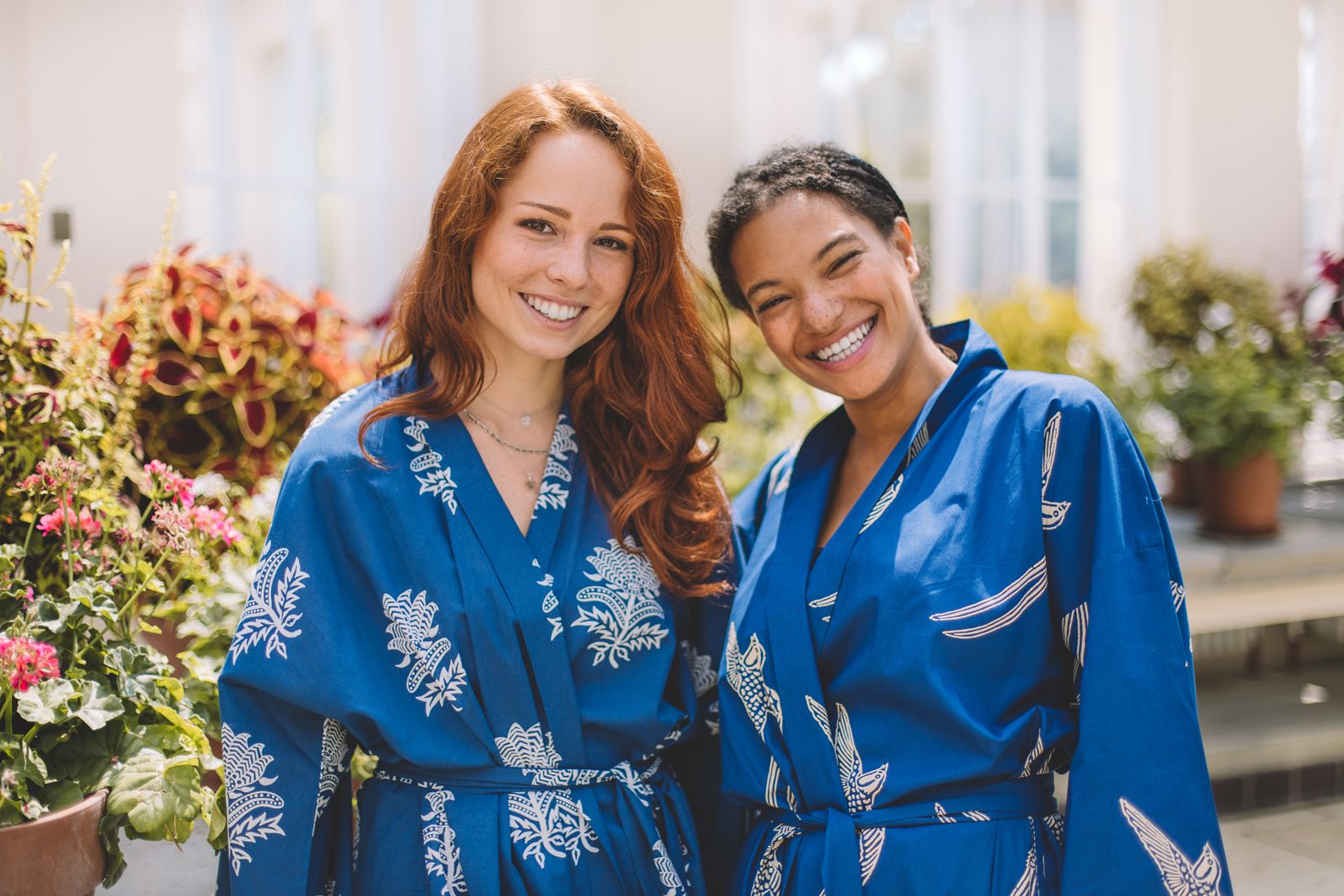 Tiger Flower and Long Tailed Bird White on Dark Blue Dressing Gowns