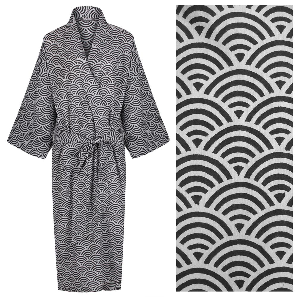 Women's Cotton Dressing Gown Kimono - Rainbow Black on Grey ("outlet" gown with minor imperfections)