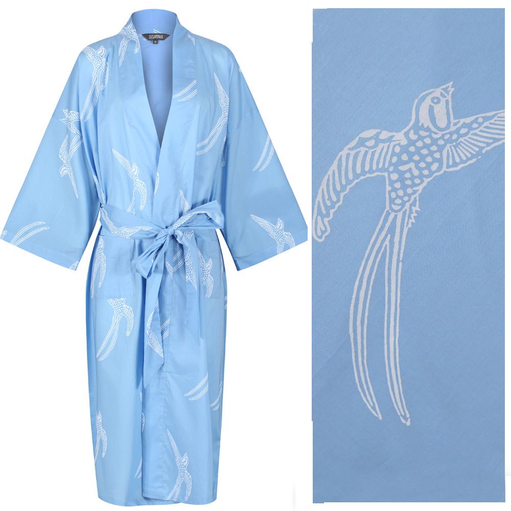 Women's Cotton Dressing Gown Kimono - Long Tailed Bird White on Powder Blue ("first class outlet" gown with minor imperfections)