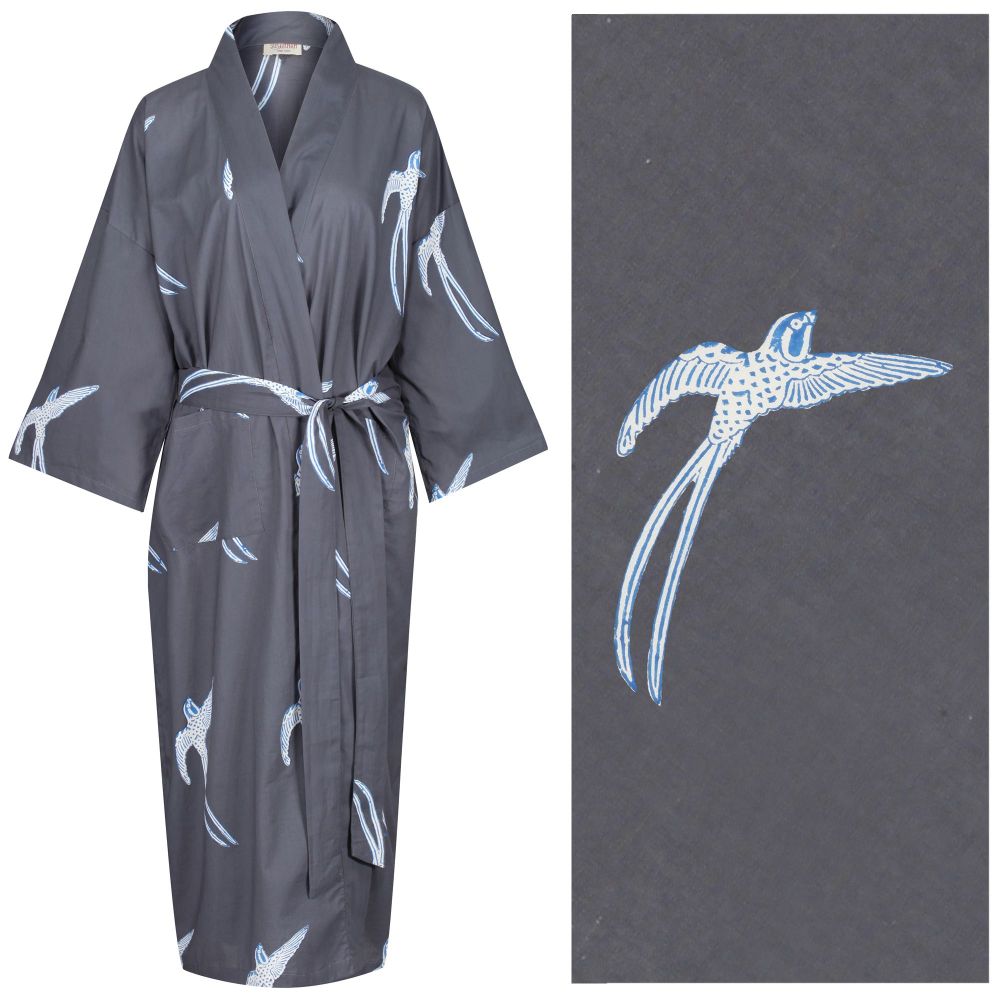 Women's Cotton Dressing Gown Kimono - Long Tailed Bird Blue and Cream on Dark Grey ("outlet" gown with minor imperfections)