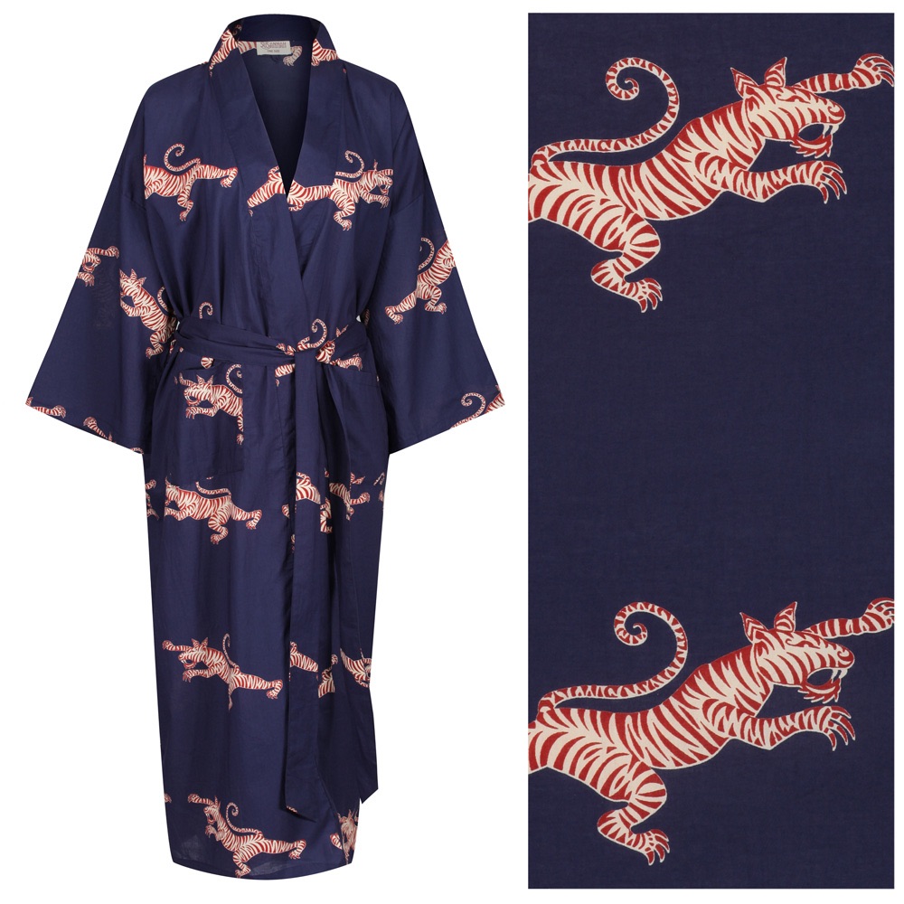 Women's Cotton Dressing Gown Kimono - Fighting Tigers Red and Cream on Dark Blue ("outlet" gown with minor imperfections)