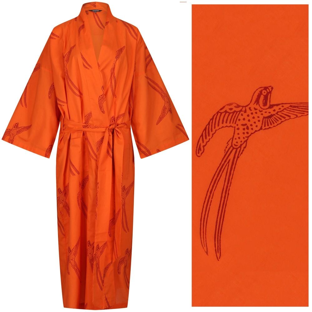  Women's Cotton Dressing Gown Kimono - Long Tailed Bird Red on Orange