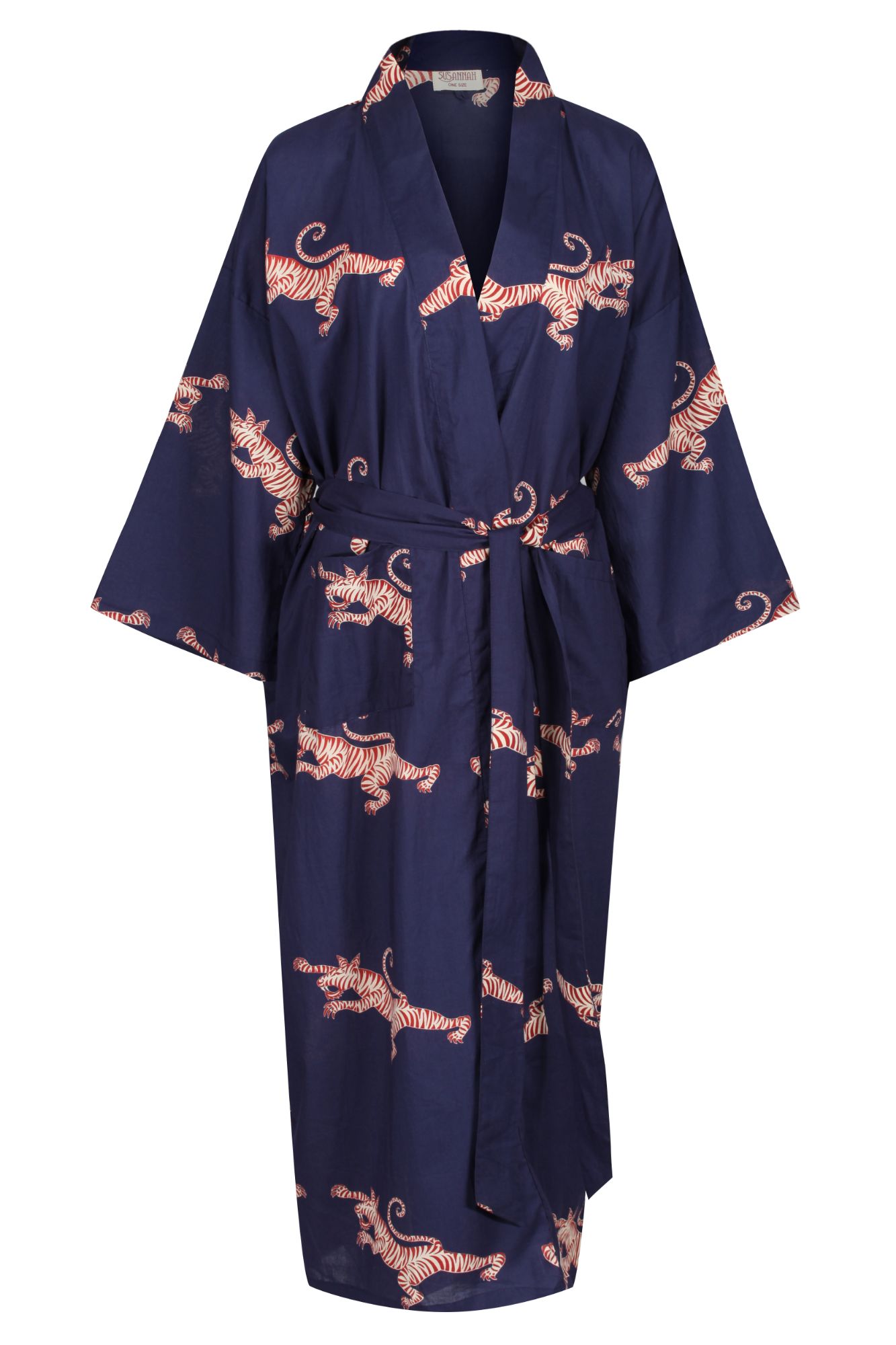 Susannah Cotton Women's Cotton Kimono Robe: Fighting Tigers Red & Cream on Dark Blue