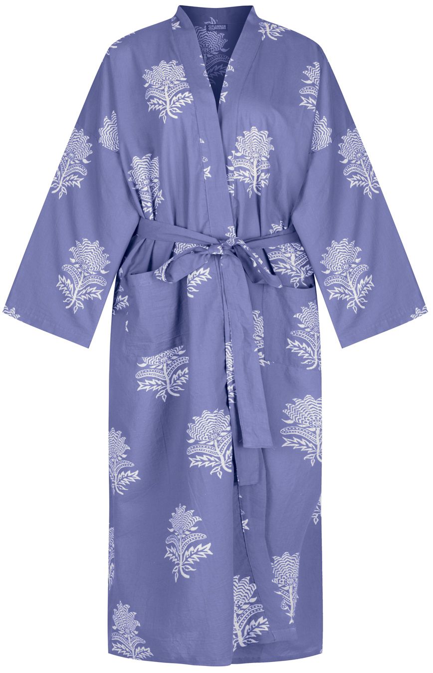   Tiger Flower White on Powder Blue Kimono Robe Dressing Gown