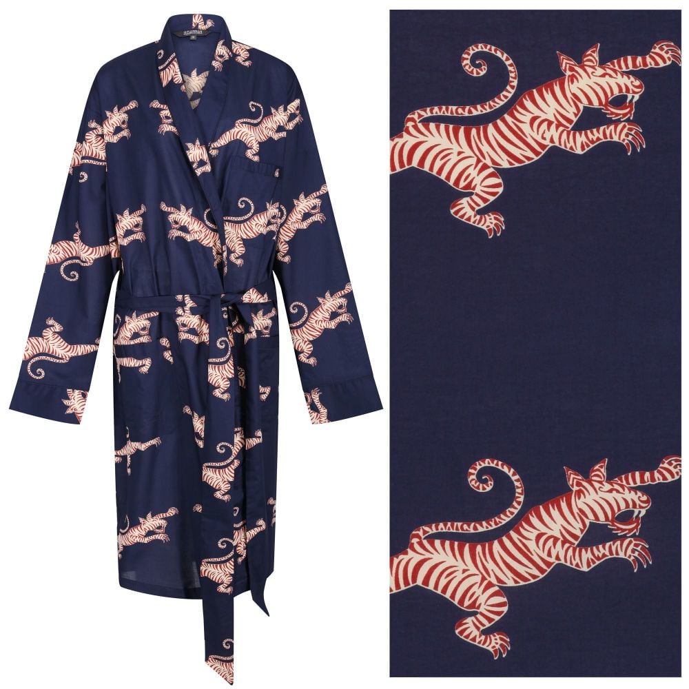 Men's Cotton Dressing Gown Robe - Fighting Tigers Red & Cream on Dark Blue