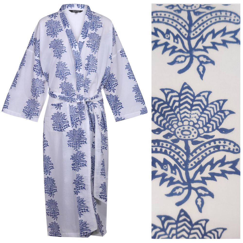 Women's Cotton Dressing Gown Kimono - Tiger Flower Blue on White