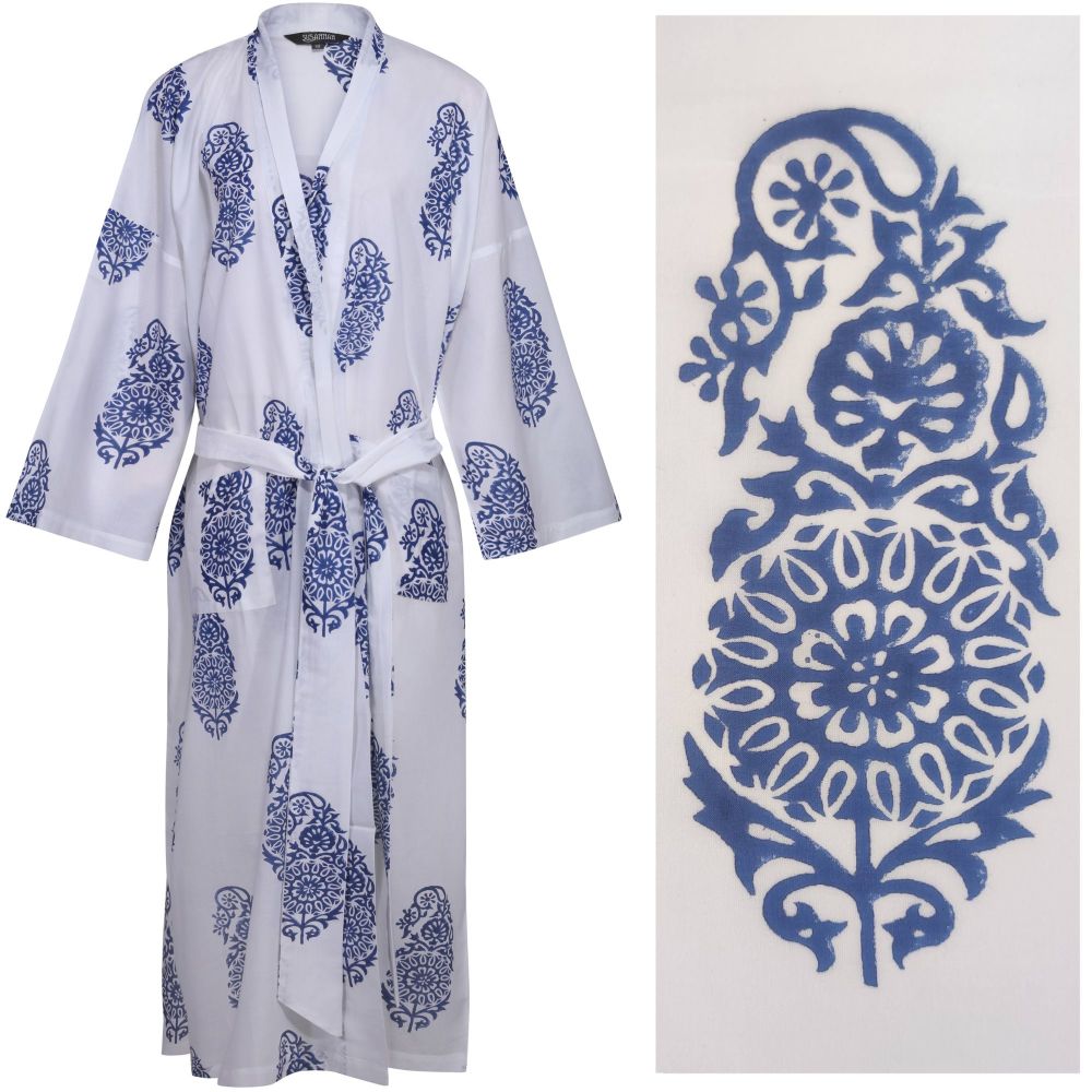 <b>NEW!! Women's Cotton Dressing Gown Kimono - Paisley Blue on White</b>