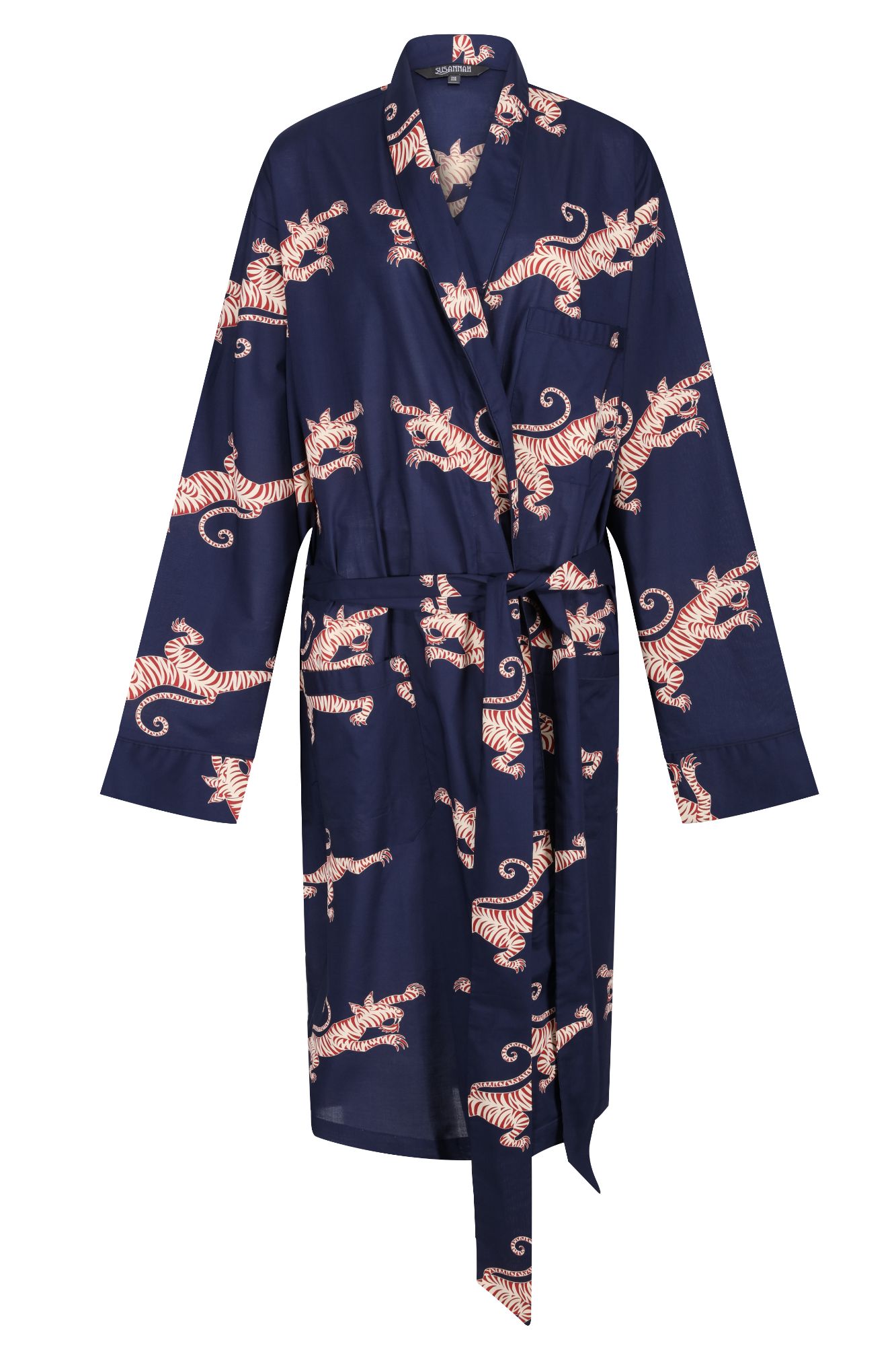 Susannah Cotton Womn's Cotton Kimono Robe: Fighting Tigers Red & Cream on Dark Blue