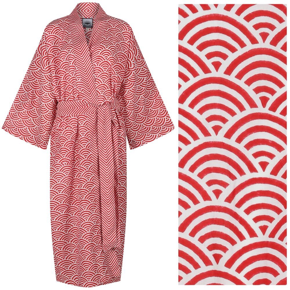 Women's Cotton Dressing Gown Kimono - Rainbow Red ZigZag