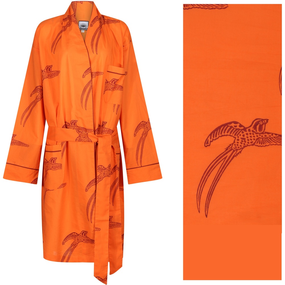 Men's Cotton Dressing Gown Robe - Long Tailed Bird - Red on Orange |  Susannah Cotton