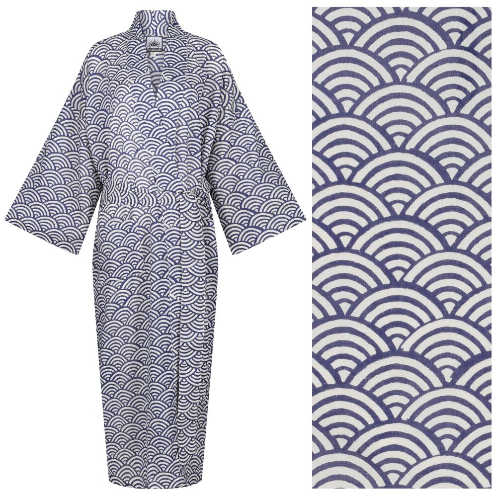 Women's Kimono Dressing Gown - Rainbow White on Blue ("outlet" gown with minor imperfections)