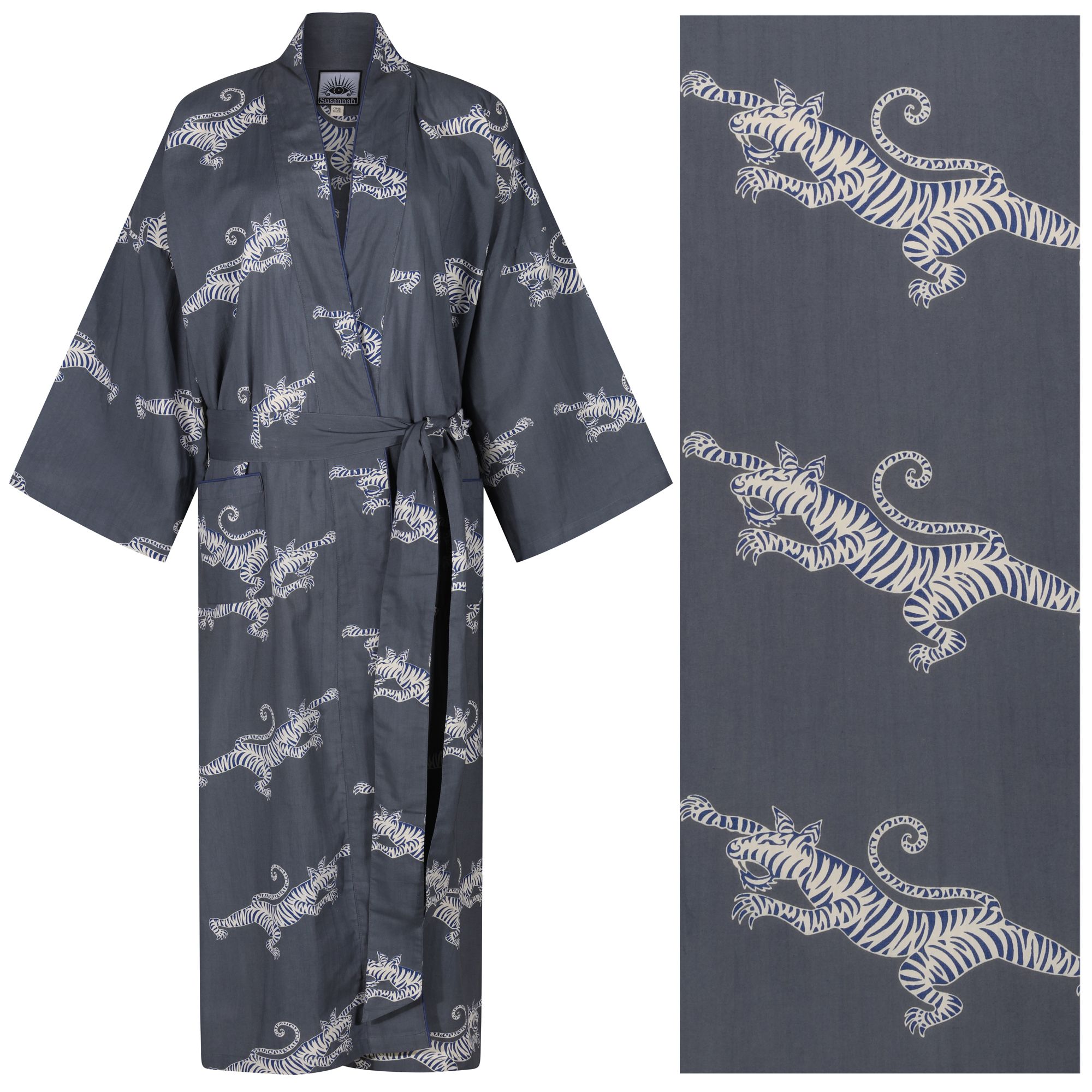Susannah Cotton Women's Cotton Kimono Robe: Fighting Tigers Blue & Cream on Dark Grey