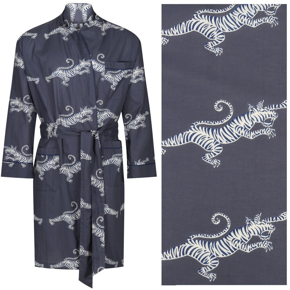 NEW! Men's Cotton Dressing Gown Robe - Fighting Tigers Blue & Cream on Dark Grey
