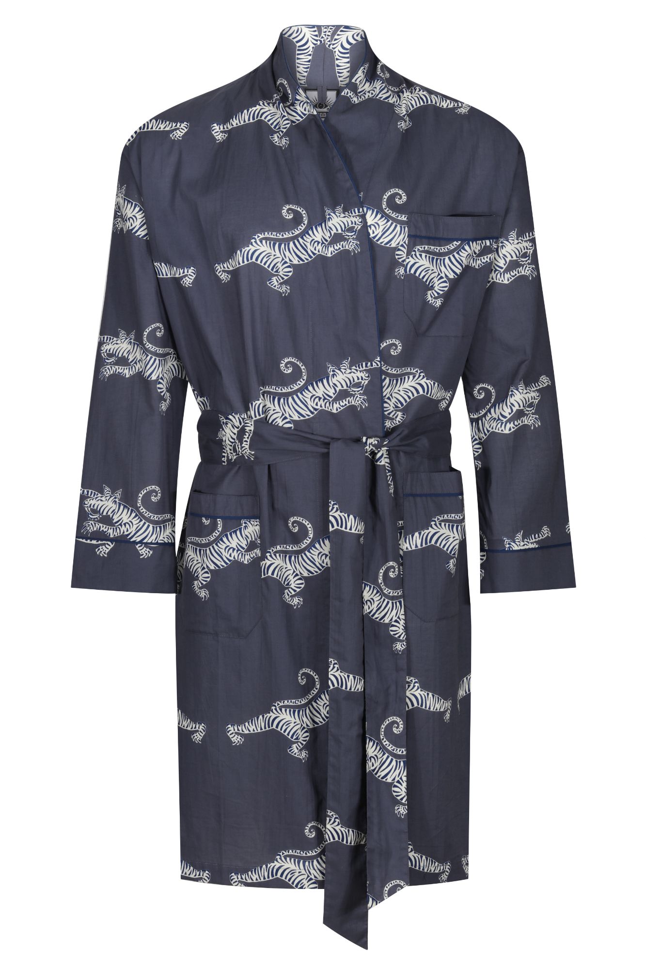 Susannah Cotton Men's Kimono Robe Fighting Tigers Blue & Cream on Dark Grey
