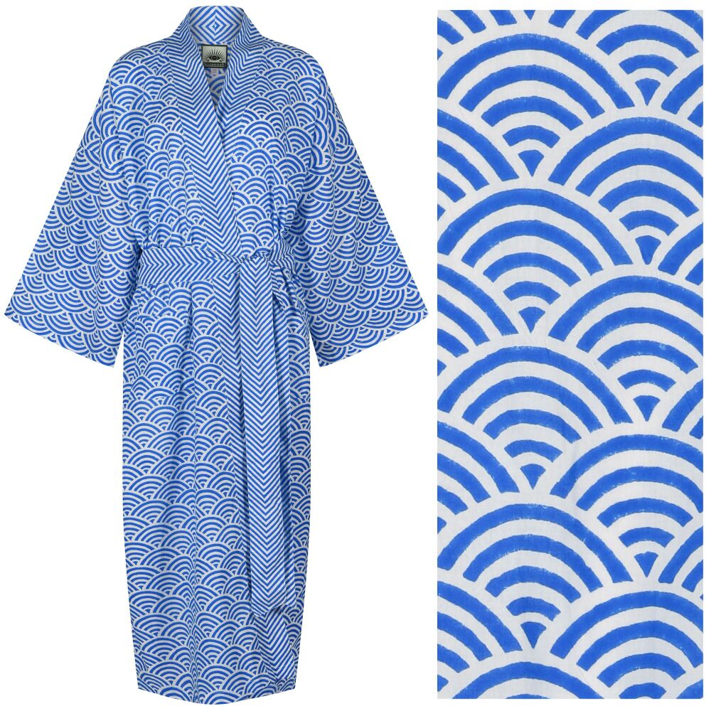Women's Cotton Dressing Gown Kimono - Rainbow Blue ZigZag