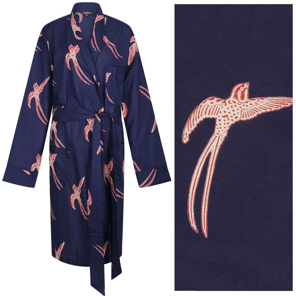 Men's Cotton Dressing Gown Kimono - Long Tailed Bird Red & Cream on Dark Blue ("outlet" gown with minor imperfections)