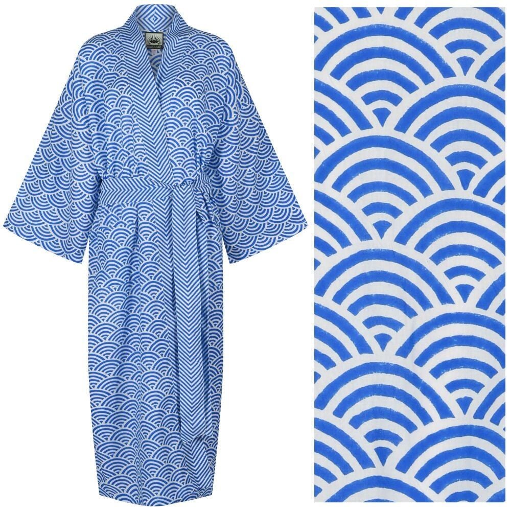 Women's Kimono Dressing Gown - Rainbow Blue ZigZag ("outlet" gown with minor imperfections)