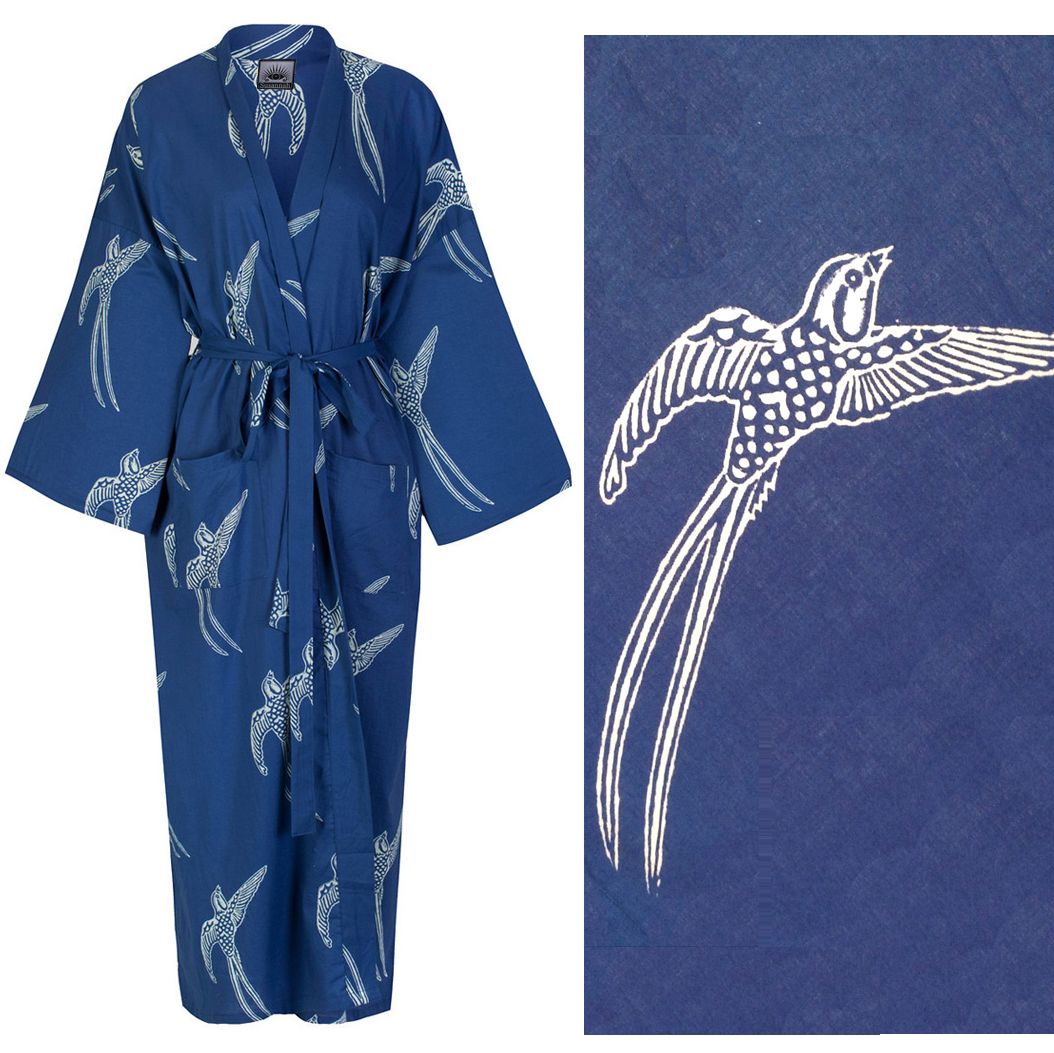 Women's Cotton Dressing Gown Kimono - Long Tailed Bird White on Dark Blue (Limited Stock - see description below)