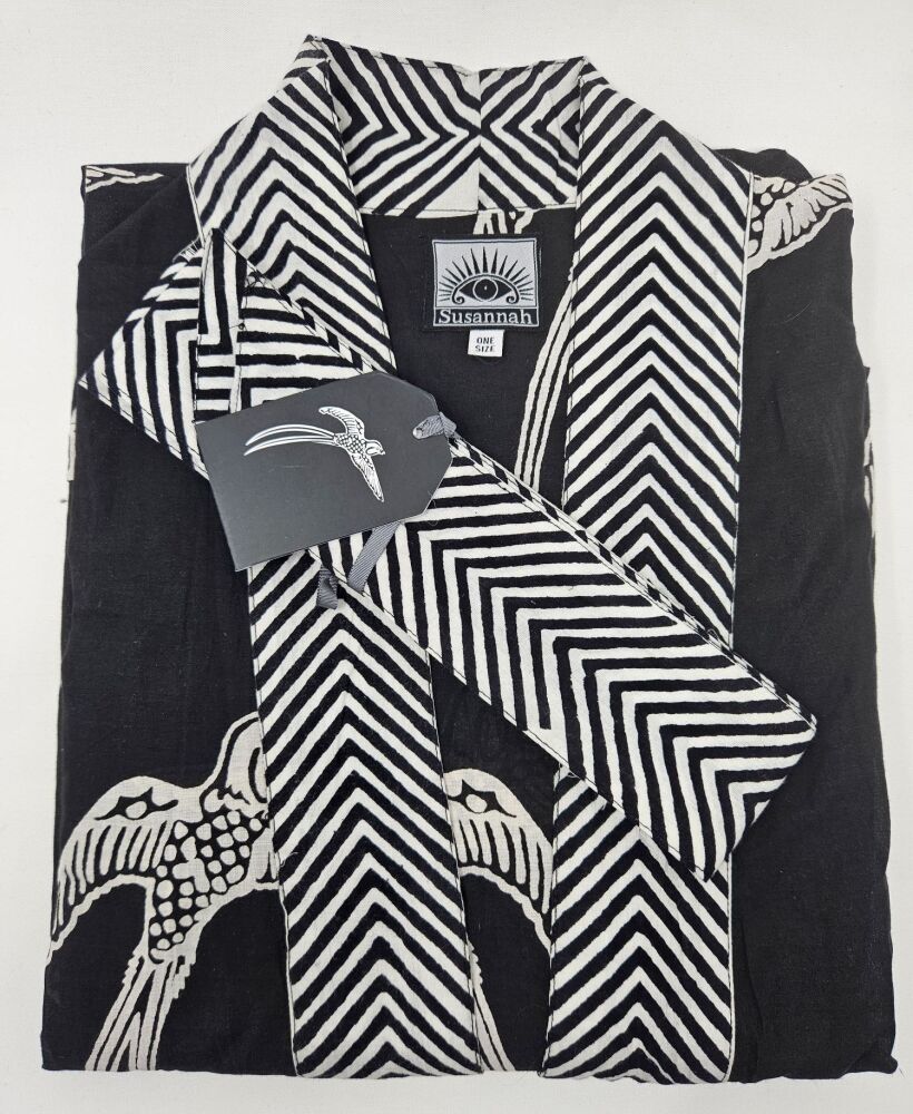 NEW!! Susannah Cotton Women's Dressing Gown Kimono - Long Tailed Bird White on Black>