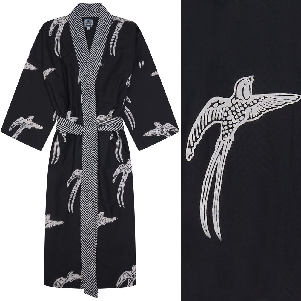 NEW!! Susannah Cotton Women's Dressing Gown Kimono - Long Tailed Bird White on Black>