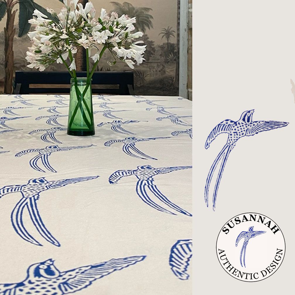 Susannah Cotton Throw - Long-Tailed Bird Blue on White