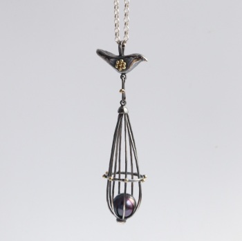  Bird with Pearl in Cage Necklace 