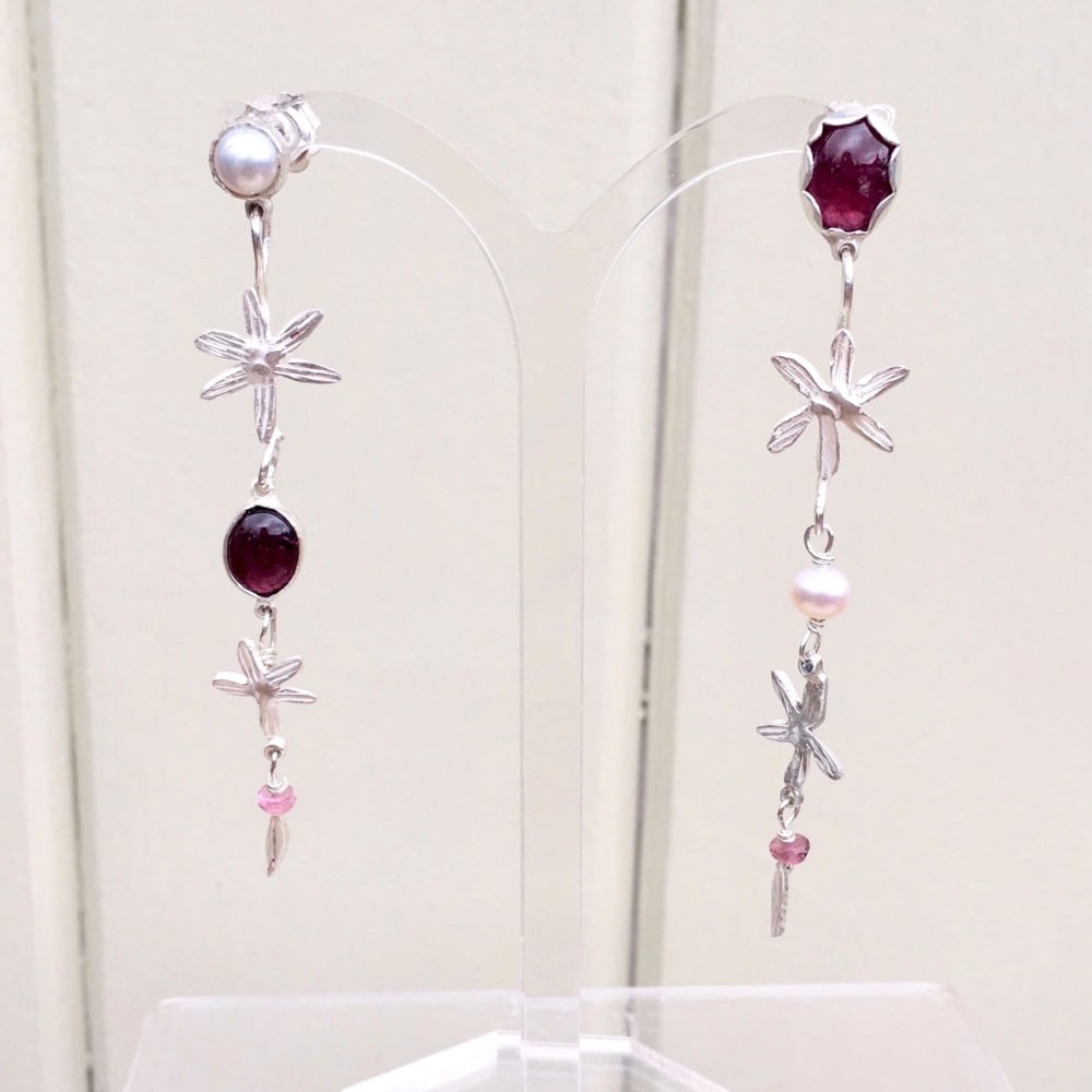 Pink Tourmaline, pearl and flower hanging stud drop earrings