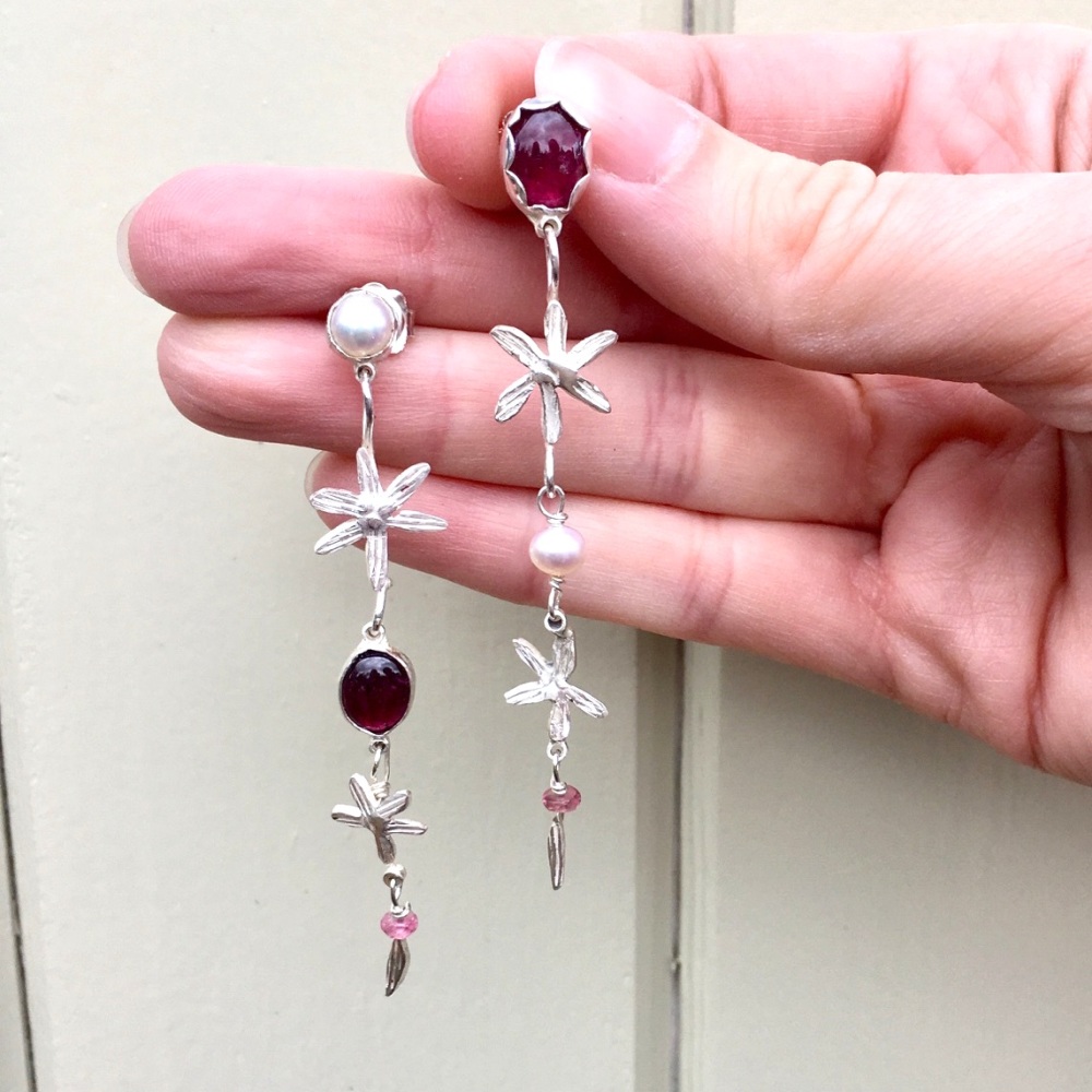 Pink Tourmaline, pearl and flower hanging stud drop earrings
