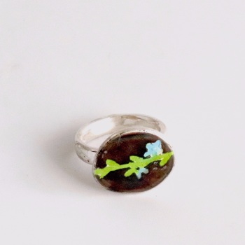 Enamelled Ring with Blue and Green Flower Design