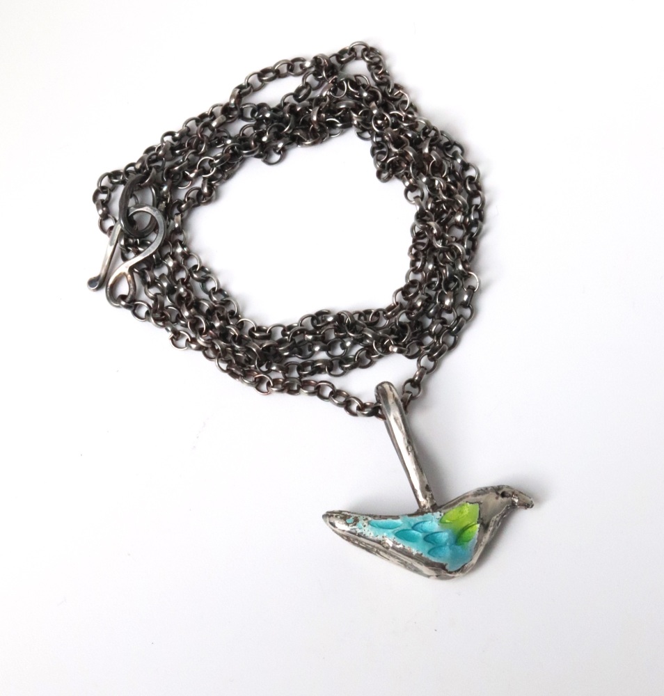 Enamel bird necklace with oxidised finish