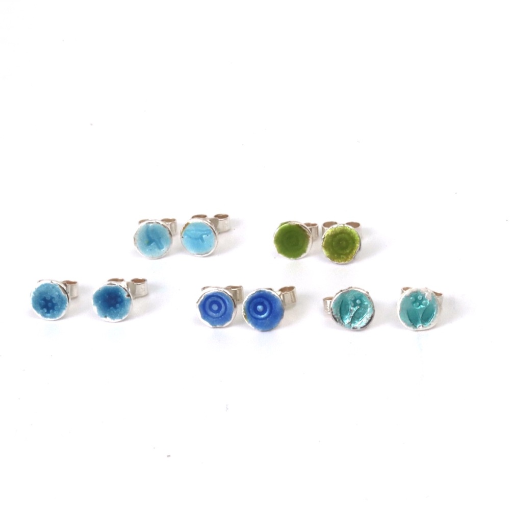 Colourful Blues and Greens Enamel Silver Studs 