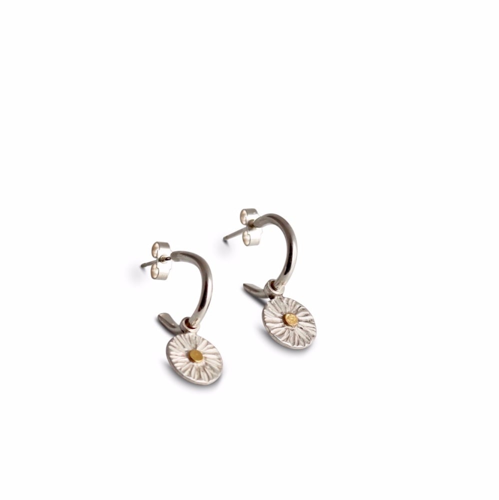 Silver Daisy Hoop Earrings with Gold Centre