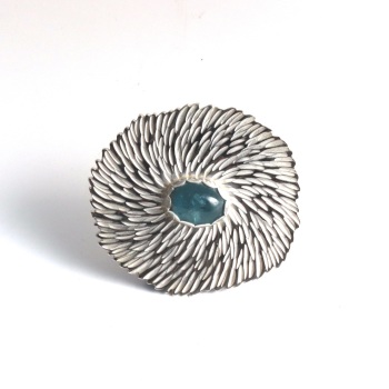 Solid Silver Textured Statement Flower Brooch with Aquamarine Gemstone