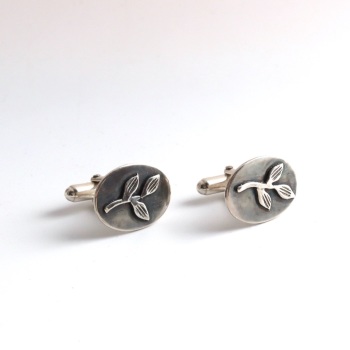 Silver Oval Shaped Cufflinks with Leaf Sprig Relief Design