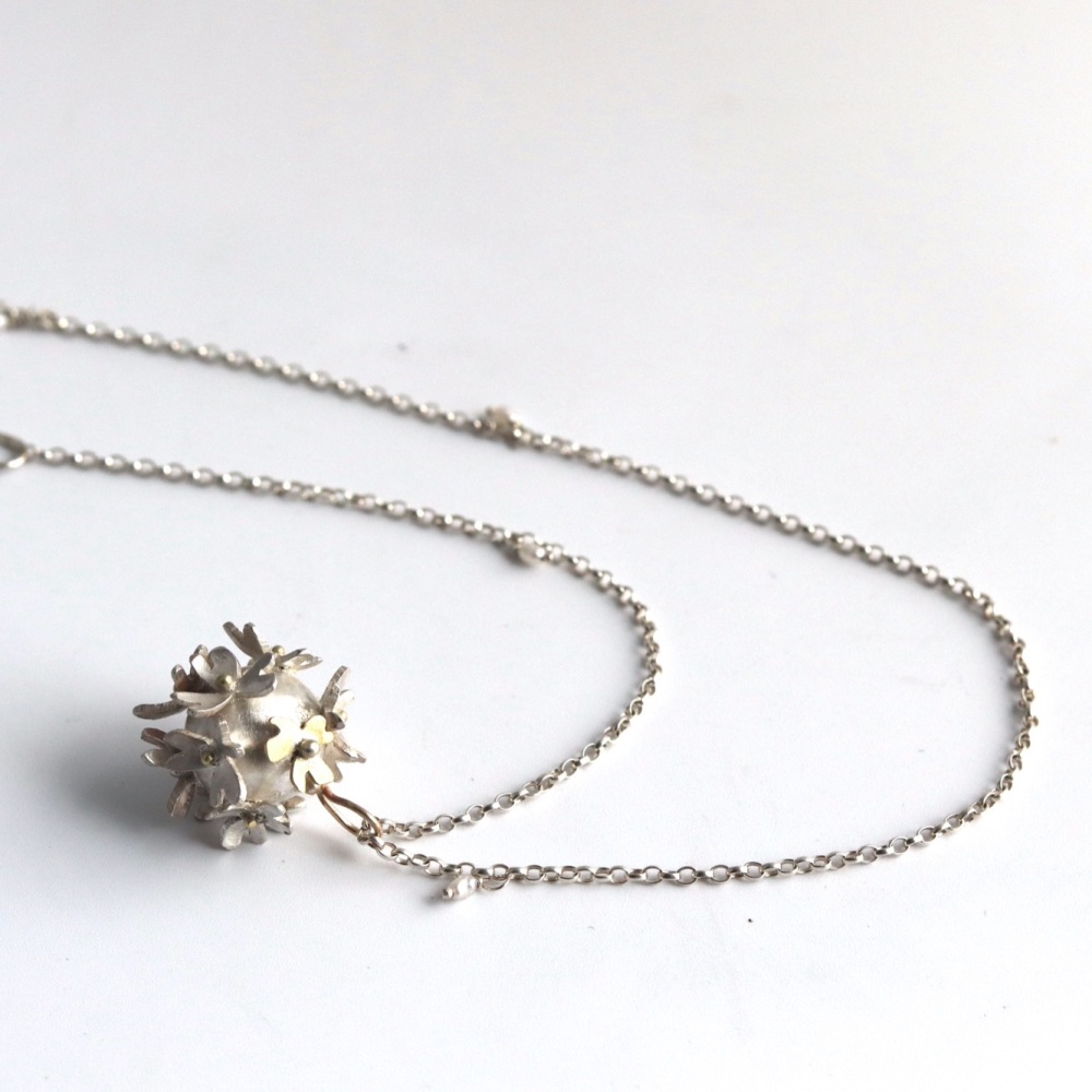 Silver Flower Bomb Necklace with Gold detail - Medium size 
